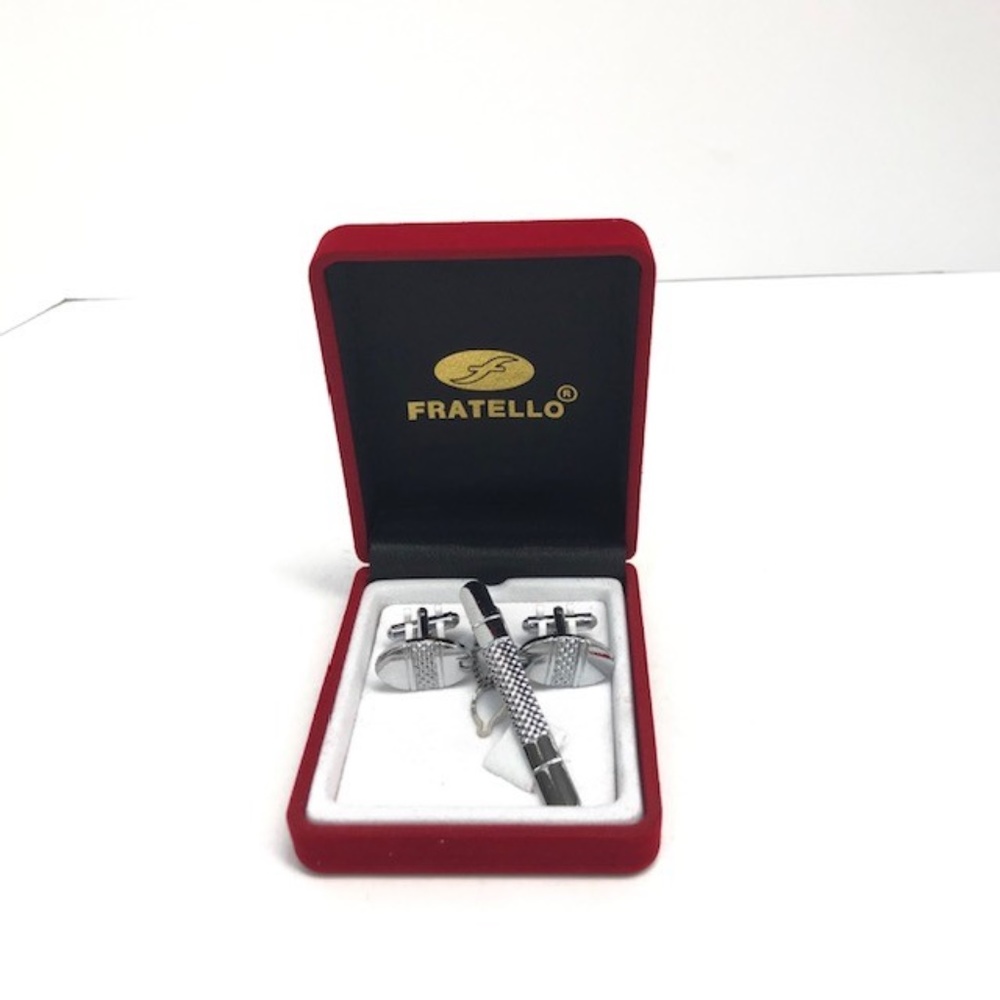 Men's Fratello Cuff Links & Tie Clip Silver Tone
